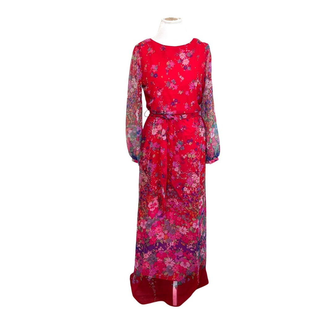 Vintage 70s Floral Garden Party Boho Maxi Dress Size 14 Red Sheer Sleeve Chiffon